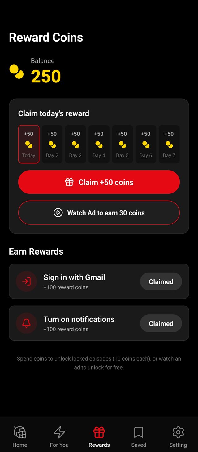 Reward coins screen